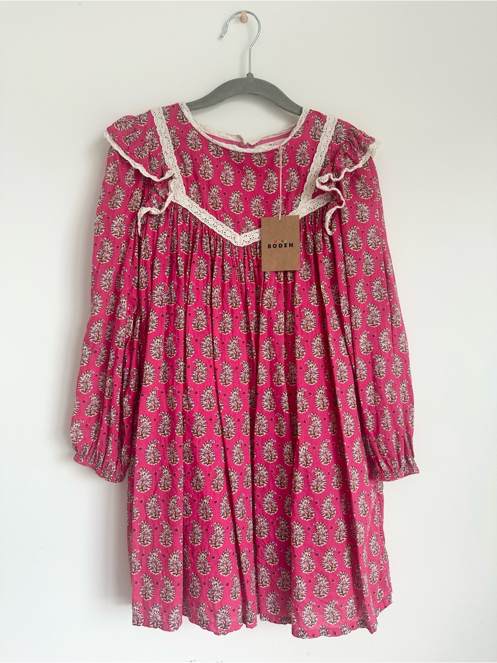 Brand New w Tags! MINI BODEN Girls Lace Trim Printed Dress Mid Pink Paisley 7-8y
